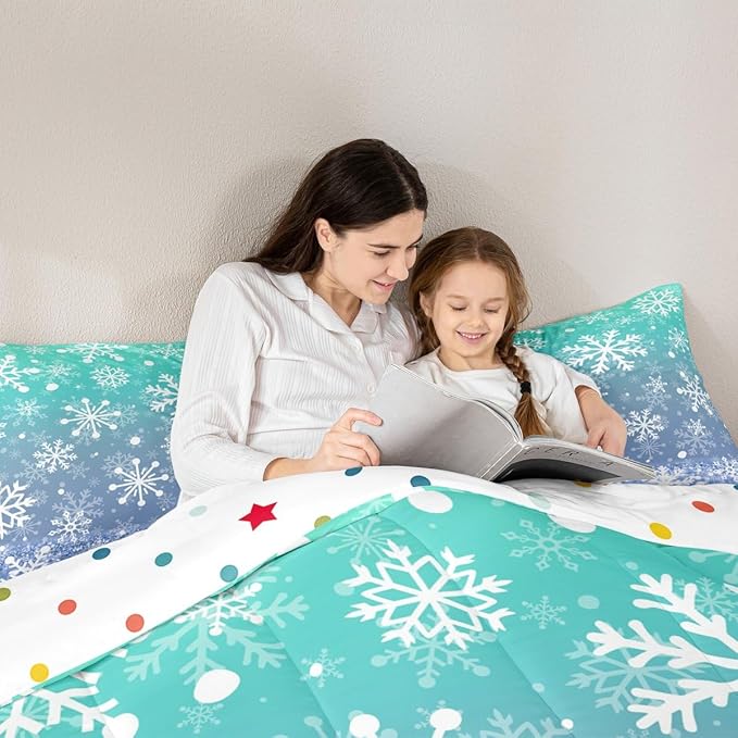 Feelyou Winter Snowflake Kids Comforter Set Toddler Size Christmas Bedding Set Winter Holiday Duvet Quilt for Kids Boys Girls Bedroom New Year Decor Microfiber Ultra Soft Breathable