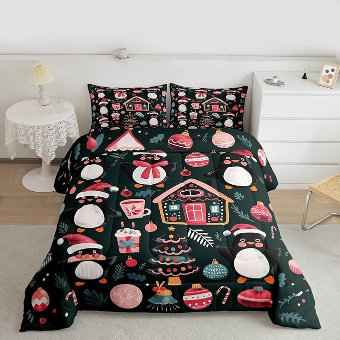 Feelyou Christmas Kids Comforter Set Toddler Size Xmas Tree Ball Bedding Set Penguin Duvet Quilt for Kids Boys Girls Bedroom Gingerbread Houses Decor Microfiber Ultra Soft Breathable