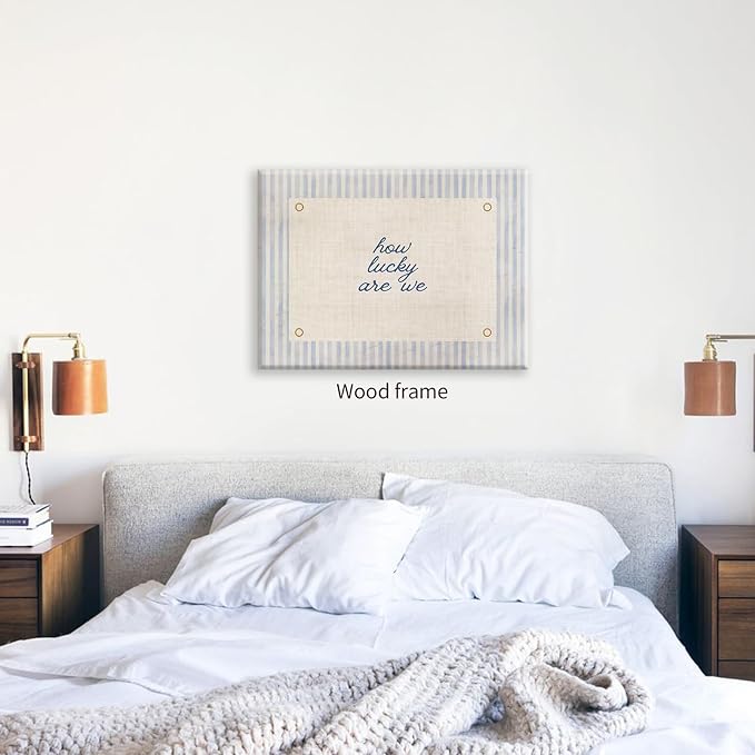 How Lucky Are We Quote Wall Art Navy Blue Positive Affirmations Poster 24x36 inch Framed Trendy Minimalist Aesthetic Canvas Prints for Dorm Bedroom Wall Decor