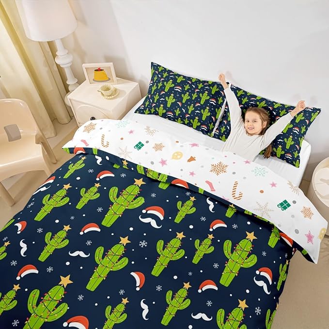 Feelyou Christmas Duvet Cover Boys Cartoon Cactus Xmas Theme Bedding Set for Kids Teens Ultra Soft Snowflake Comforter Cover Set New Year Bedspread Cover Room Decor Twin Size Bedclothes Zipper