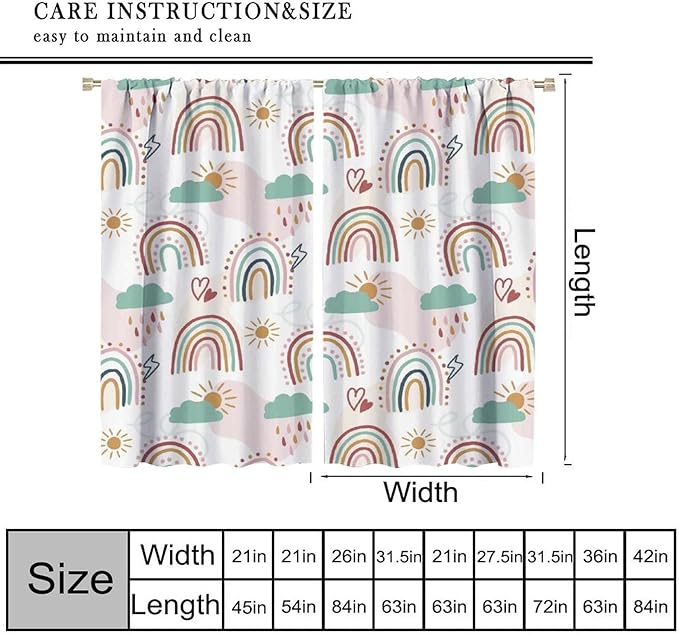 Kids Rainbow Curtains Boho Cartoon Colorful Stars Love Heart Lovely Abstract Art Pattern Print Window Drapes for Girl Bedroom Living Room Kitchen Decor,2 Panel Set,63Wx72H Inch Blackout
