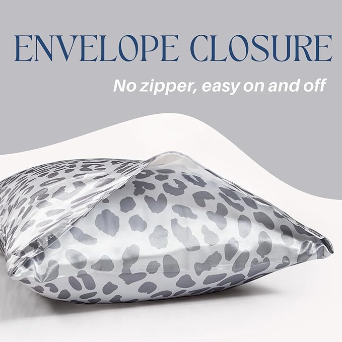 Silky Satin Toddler Pillowcases Pack of 2, 13x18 Inches Grey Leopard Printed Travel Pillowcases with Envelope Closure, Small Kids Pillow Cases Covers