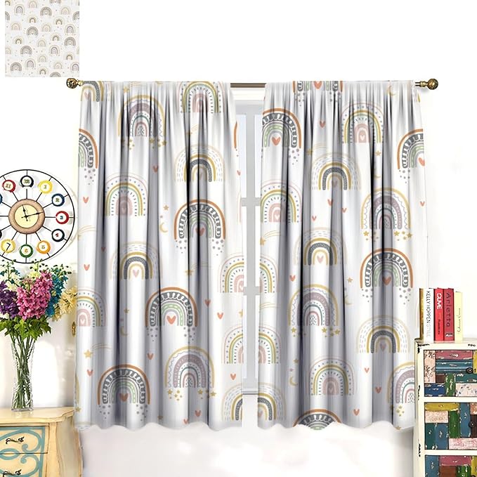 Kids Rainbow Curtains Boho Cartoon Colorful Stars Love Heart Lovely Abstract Art Pattern Print Window Drapes for Girl Bedroom Living Room Kitchen Decor,2 Panel Set,52Wx84H Inch Blackout