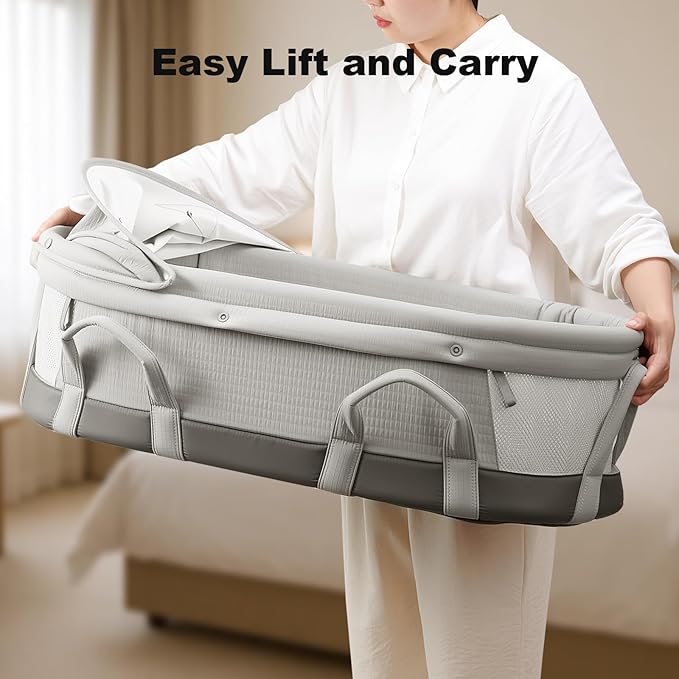 SUNVENO Handheld Portable Baby Bassinet with Removable Canopy, Foldable Travel Cradle, 6 Carry Handles, Breathable Mesh & Water-Resistant Base, Newborn Indoor/Outdoor Travel Bed