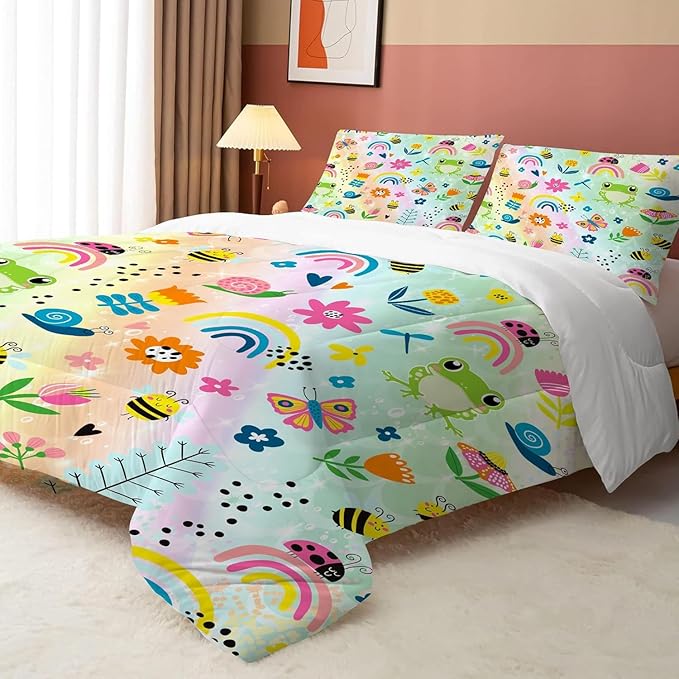 Rainbow Comforter Sets Twin Size Cartoon Floral Frogs Bedding Set for Girls Kids Children Boys Butterfly Flowers Bees Insects Cute Kawaii Quilt 1 Comforter + 1 Pillow Case