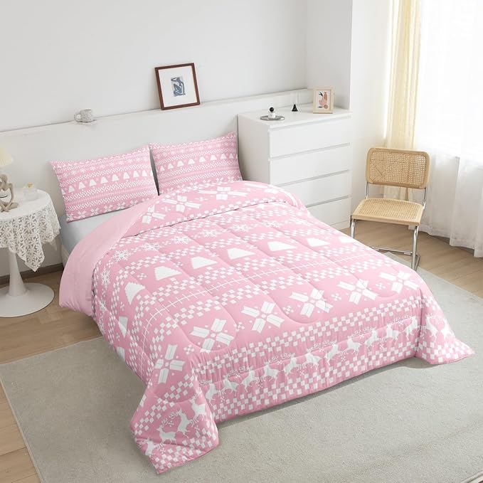 Feelyou Pink Christmas Bedding Set for Kids Boys Girls Twin Size Xmas Deer Elk Decor Comforter Set Ultra Soft Winter Comforter Snowflake Duvet Quilt Bedroom Decor Christmas Ornaments Quilt
