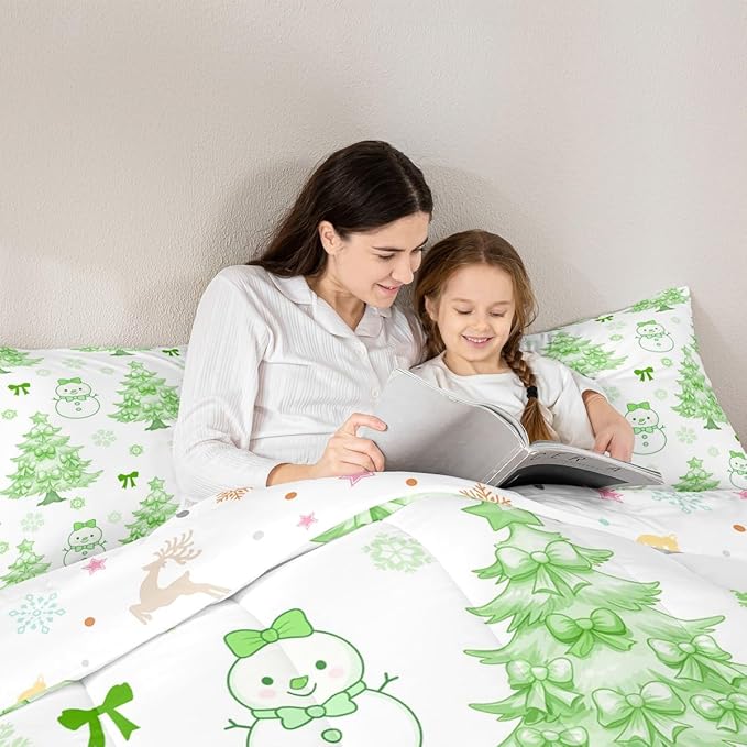 Feelyou Merry Christmas Comforter Set All Season Cute Snowman Bedding Set with 2 Pillow Cases Cartoon Bowknot Microfiber Kids King Bedclothes Christmas Tree Duvet Quilt Breathable Soft Lightweight