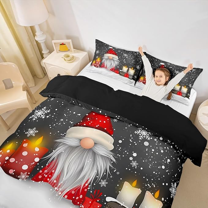 Feelyou Kids Grey Christmas Bedding Set King Size Xmas Dwarf Duvet Cover for Boys Girls Teens Bedroom Decor Snowflake Comforter Cover Breathable Soft Microfiber Women Men Holiday with 2 Pillow Case