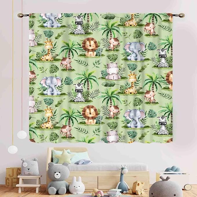 Jungle Safari Animals Curtains, Cartoon Animals Lion Giraffe Elephant Woodland Tropical Leaf Green Window Drapery for Kids Boys Girls Baby Living Room Bedroom Nursery 2 Panels, 63"x63" Inch