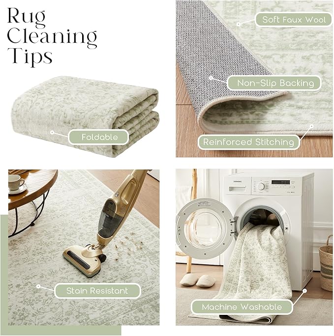 Sage Green Rug for Bedroom Neutral Boho Farmhouse Floral Washable Soft Faux Wool No Slip Area Rugs for Living Room Home Office,5x8