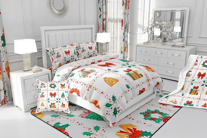 Feelyou Christmas Decor Kids Comforter Set Twin Size Red Bowknot Bedding Set New Year Gift Duvet Quilt for Kids Boys Girls Bedroom Happy New Year Decor Microfiber Ultra Soft Breathable