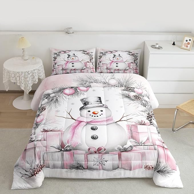 Feelyou Merry Christmas Comforter Set All Season Cute Snowman Bedding Set with 2 Pillow Cases Microfiber Kids Full Bedclothes Snowflake Bedroom Decor Duvet Quilt Breathable Soft