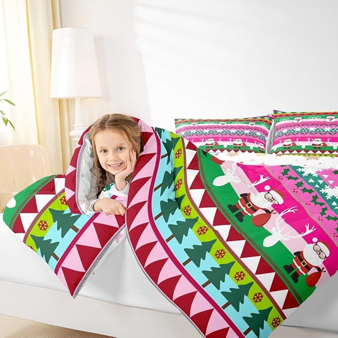 Feelyou Merry Christmas Tree Kids Comforter Set Twin Size Cute Snowman Bedding Set Santa Claus Duvet Quilt for Kids Boys Girls Bedroom Cartoon Bowknot Decor Microfiber Ultra Soft Breathable