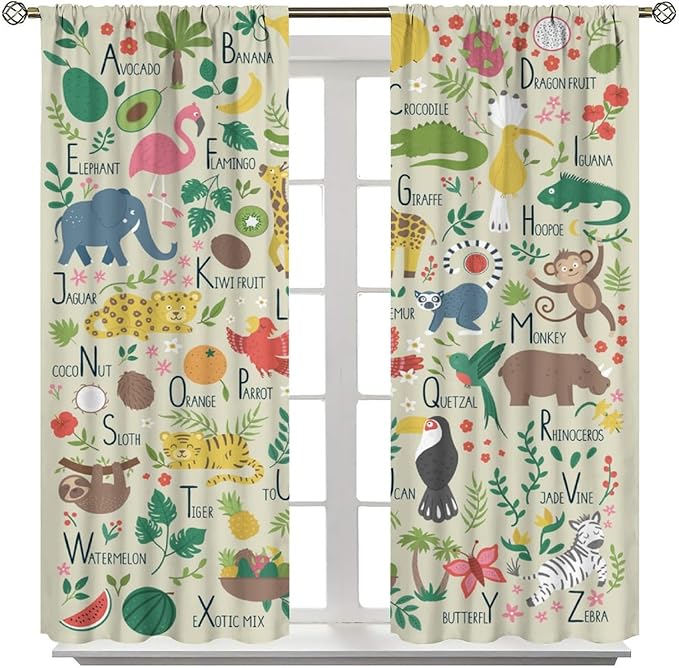 Kid Alphabet Curtains Funny Cartoon Animal Cute Educational Learning Colorful Curtain with Rod Pocket for Bedroom Living Room Decor Drapes Window Treatments 2 Panels Set 63" W X 72" L