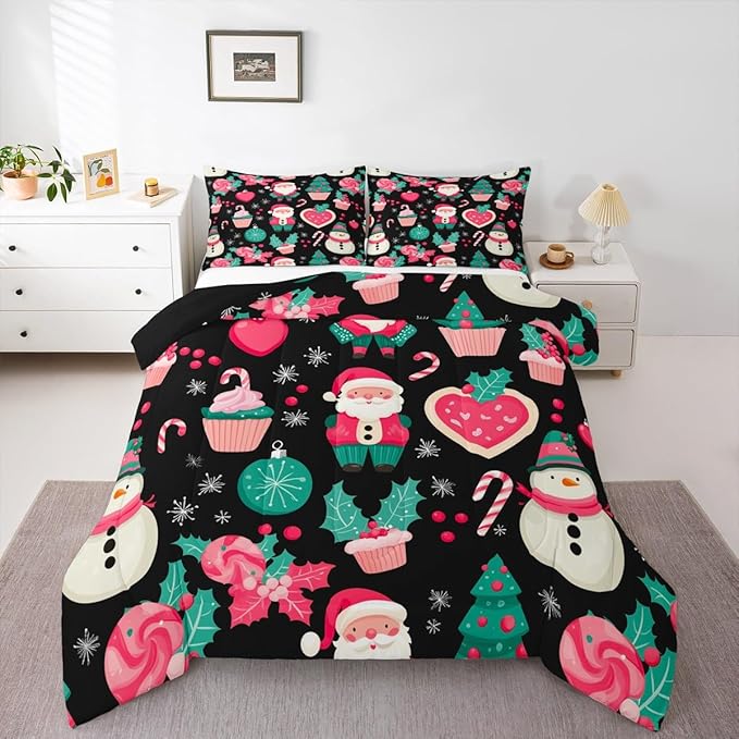 Feelyou Christmas Decor Comforter Set Toddler Size Pink Santa Claus Bedding Set for Kids Boys Girls New Year Gift Duvet Quilt Snowman Bedroom Decor Microfiber 2 Pcs with 1 Pillow Cases