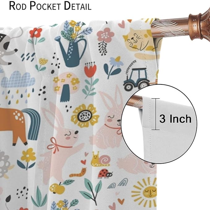 Farm Animal Curtains for Kids, Cartoon Cute Wild Animal Window Treatments Woodland Farmhouse Cow Horse Pig Window Drapes for Girls Boys Nursery Toddler Bedroom 63x63in