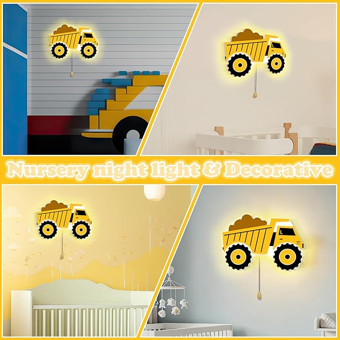 Construction Themed Night Light Wall Lamp Sleeping Nursery Lighting Cute Floating Battery Operated Hanging Lamp for Baby Boys Girls Bedroom Room Nursery Wall Decorations