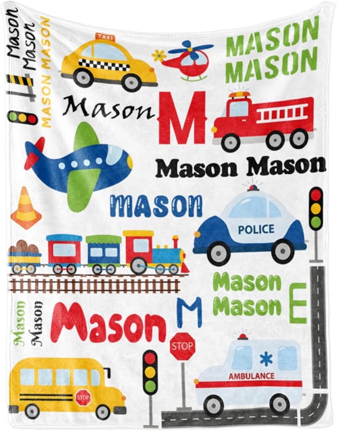 Personalized Blanket with Name for Boys, Custom Name Blanket City Car Transport, Soft Flannel Teen Blankets Customized Gift for Birthday Christmas-50x60in