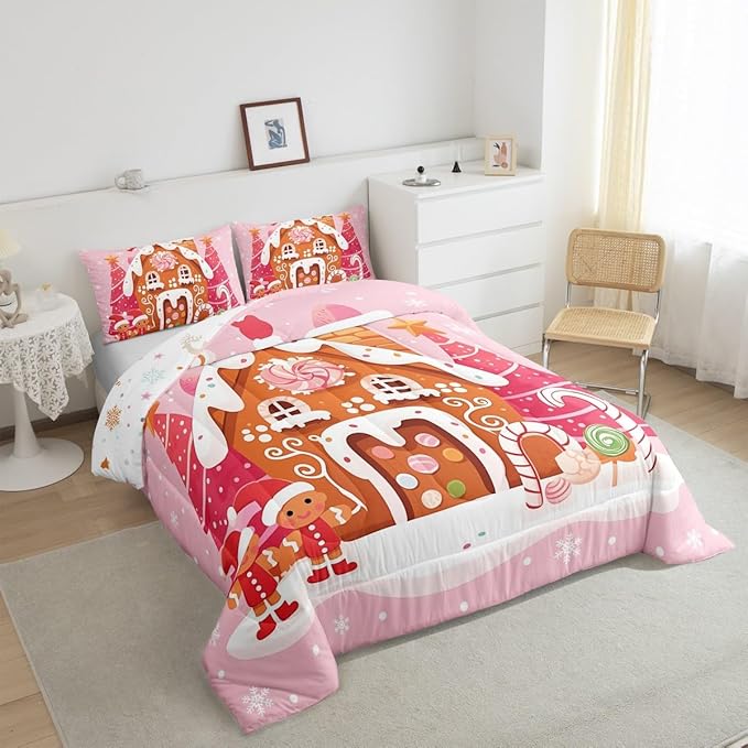 jejeloiu Kids Christmas Theme Comforter Set Twin Size Cute Gingerbread Man Bedding Set for Boys Girls Teens Pink Xmas Tree Candy House Winter Snowflake New Year Duvet Quilt Room Decor