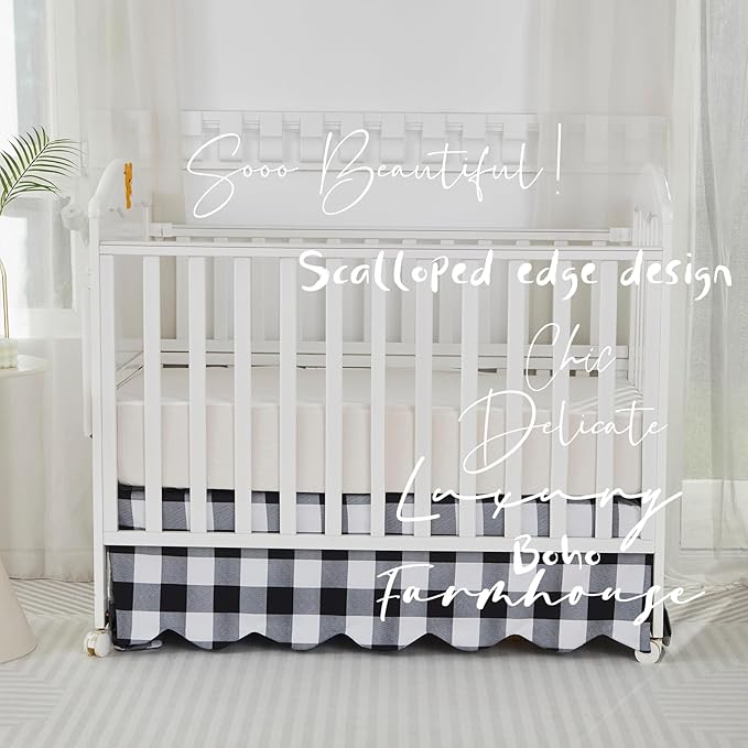 Brandream Scallop Edge Crib Skirt, Baby Boy Girl Gender Neutral Crib Skirt Toddler Bedskirt Farmhouse Chic Nursery Crib Bed Skirt, Boho Bohemian Solid Black White Plaid Buffalo Check bedskirt