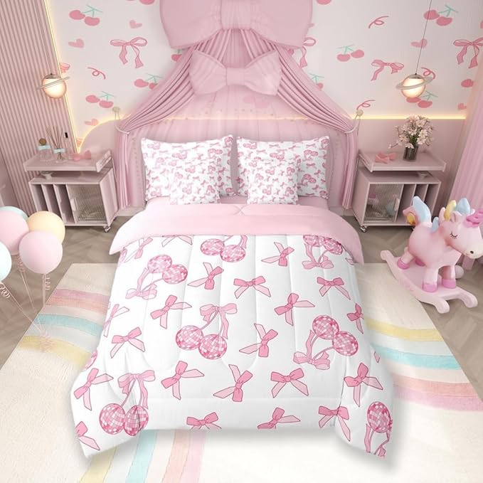 7 Pieces Cartoon Bowknot Kids Comforter Set Queen,Western Cowgirl Disco Ball Retro Bedding Set,Bow Tie Cute Princess Pink Romantic（Comforter+Fitted+Flat Sheet+2 Pillowcases+2 Throw Pillow Covers）