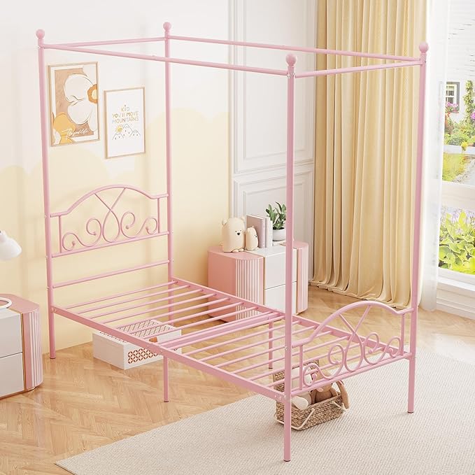 Weehom Princess Canopy Bed Frame with 4 Posters, Sturdy Metal Platform Mattress Foundation with Headboard&Footboard No Box Spring Needed Twin Size Bed for Kids Girls Adults Pink