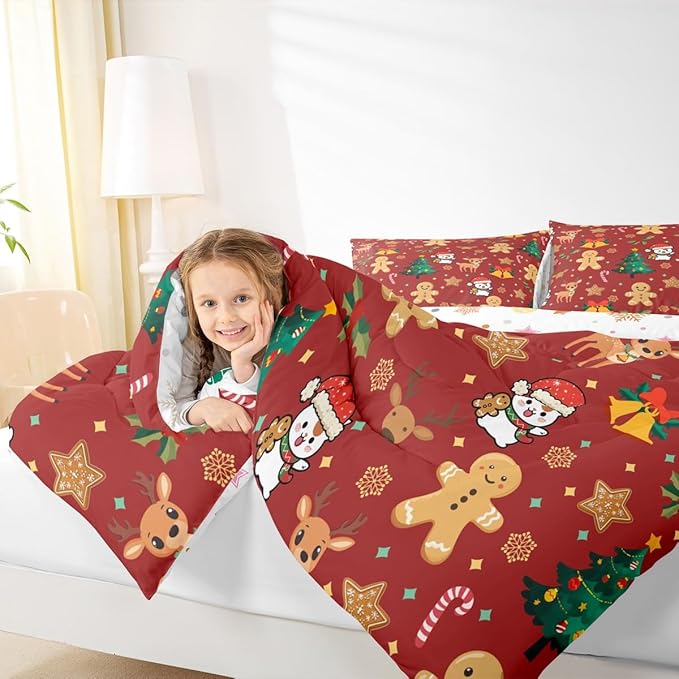 Feelyou Merry Christmas Comforter Set Twin Size Gingerbread Man Bedding Set for Kids Boys Girls Cute Deer Duvet Quilt Christmas Tree Microfiber 2 Pcs with 1 Pillow Cases