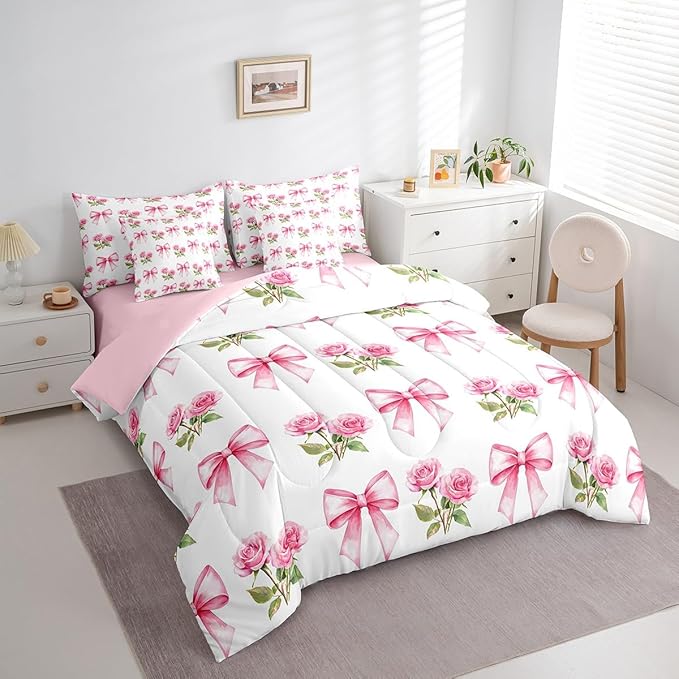 7 Pieces Pink Bowknot Kids Comforter Full,Rose Flowers Valentine's Day Romantic Bedding Set,Pink Bow Tie Knot Princess Dreamy（Comforter+Fitted+Flat Sheet+2 Pillowcases+2 Throw Pillow Covers）