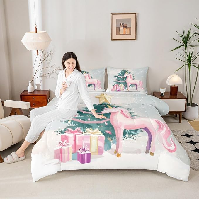 Feelyou Merry Christmas Comforter Set Twin Size Cute Unicorn Bedding Set for Kids Boys Girls Gift Duvet Quilt Christmas Tree Bedroom Decor Microfiber 2 Pcs with 1 Pillow Cases