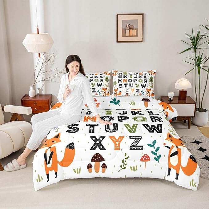 Feelyou Educational Nursery Art Comforter Set Twin Size Alphabet Kids ABC Learning Bedding Set for Kids Boys Girls Cute Fox Duvet Quilt Woodland Animals Bedroom Decor 2 Pcs with 1 Pillow Cases