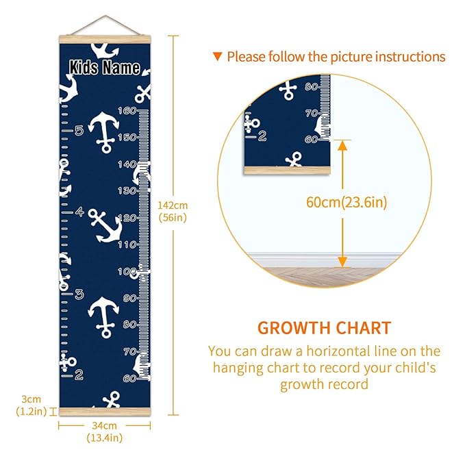 Personalized Kids Name Growth Chart Ruler for Wall Wood Frame Height Measure Chart 13.4x56 in Linen Hanging Height Growth Chart Nautical Anchor Navy Blue Kids Room Decor
