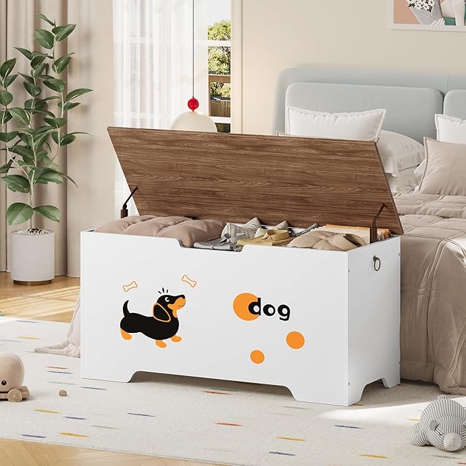 HOOBRO Toy Box, Toy Chest with 2 Safety Hinges, 39.4" Storage Bench, Wooden Storage Chest, for Entryway, Bedroom, Living Room, White and Walnut WH494CW01