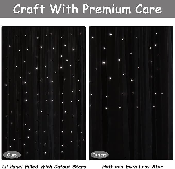 Kinryb Kids Blackout Curtains for Bedroom/Living Room/Classroom, Sheer Overlay Extra Long 2 Panel Set, Double Layer Curtains with Star Cutout for Kids Room(W 52 x L 108 Inches,Grey 2 Pcs)