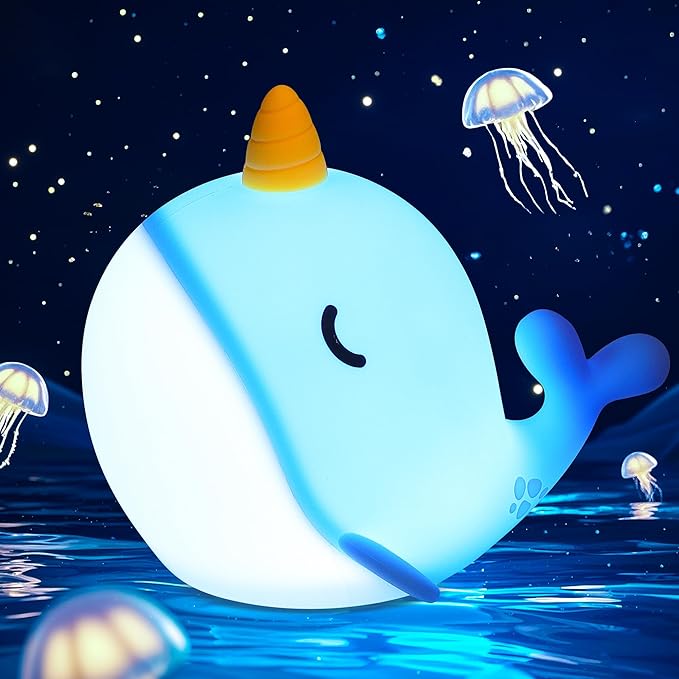 Ammonite Blue Narwhal Night Light, Soft Silicone Whale Nursery Lamp with 3 Dimming Levels and 30-Minute Timer, Touch Control Nightlight for Bedroom Decor, Christmas Birthday Gift