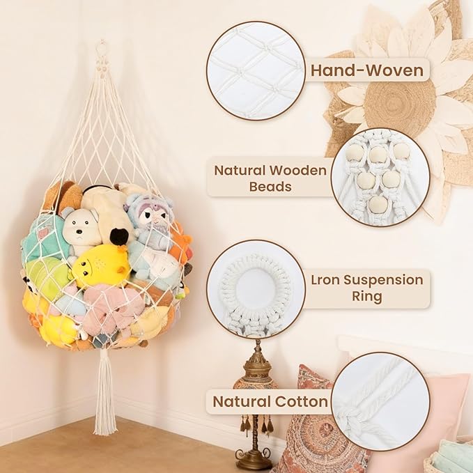 Stuffed Animal Net Corner Plushie Net Large Stuffed Animal Storage Hammock for Kids' Wall Room Decor Hanging Toy Storage Plushie Net Organizer Holder Kids Baby Nursery Wall Bedroom Home Decor (1 Tier)