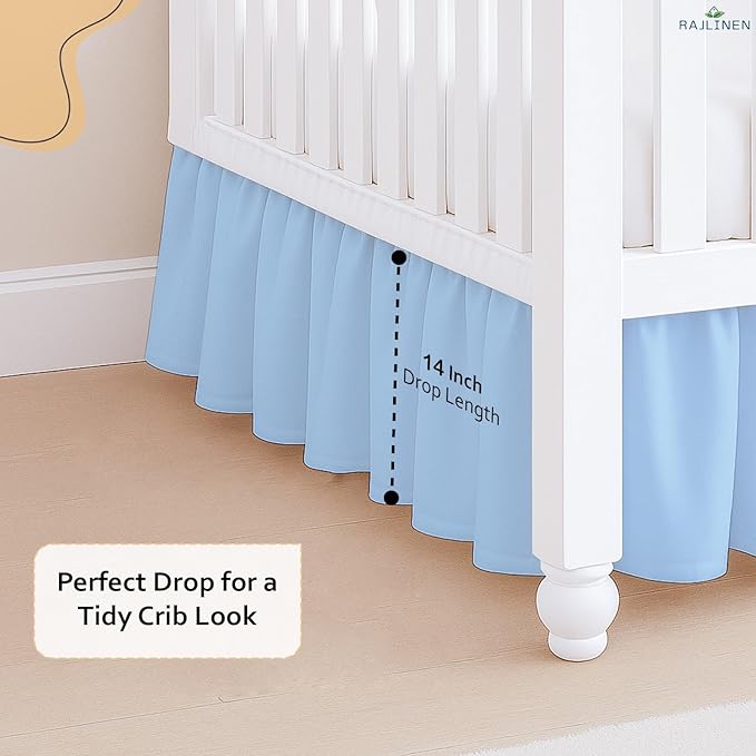 Rajlinen Ruffled Crib Bed Skirt, Microfiber, Dust Ruffle with Split Corners, 14" Drop, Nursery Toddler Bedding for Baby Boys or Girls, Light Blue
