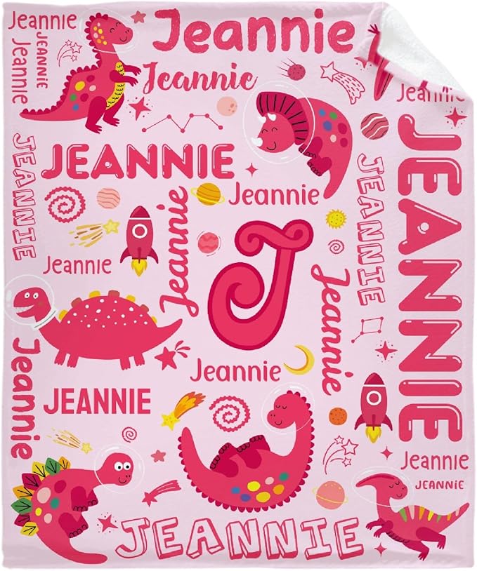 Dinosaur Lover Astronaut Personalized Blanket with Name Custom Pink Dinosaur with Name Flannel Blanket Soft Throw Meaningful Gift for Toddlers Girls Boys Kids Pets 80 * 60" L for Adult