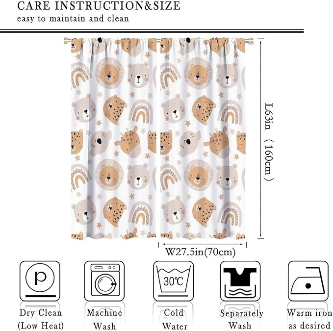 Cartoon Boho Animal Curtains,Funny Forest Safari Print,Cute African Wildlife Koala Giraffe Lion Leopard Bear Rainbow Blackout Window Drapes for Boys Girls Kids Baby Child Bedroom 55x63in