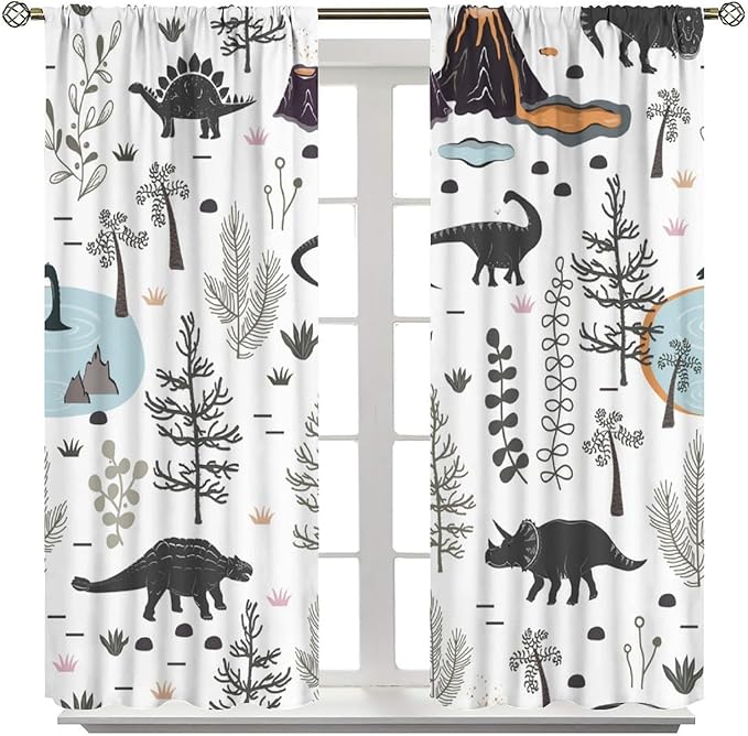 Funny Dinosaur Curtains Cute Dino Cartoon Animals Abstract Aesthetics Art Print for Kids Girls Boys Bedroom Living Room Rod Pocket Decoration Window Drapes 2 Panels W31.5xL63in