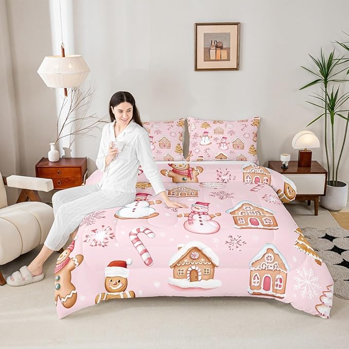 Feelyou Pink Christmas Kids Comforter Set Twin Size Snowman Bedding Set Gingerbread Man Duvet Quilt for Kids Boys Girls Bedroom Snowflake Candy Cane Decor Microfiber Ultra Soft Breathable
