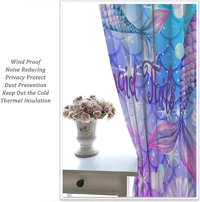 Dream Mermaid Curtain Colorful Mermaid Shell Ocean Theme Fantasy Blackout Curtains for Kids Boys Girls Bedroom Nursery Room Decor Rod Pocket Window Drapes 42x45in