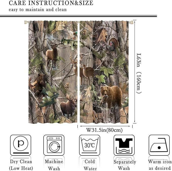 Retro Forest Window Curtains, Camouflage Hunting Tree Camo Rustic Deer Elk Bird Bear Blackout Rod Pocket Windows Door Curtain for Bedroom Living Room Home Decor 63x63in