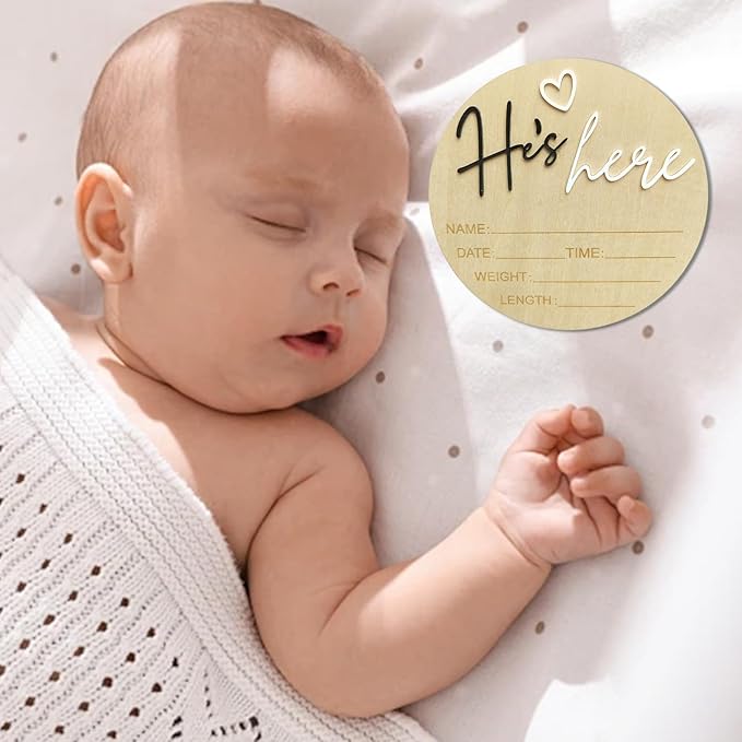 Baby Announcement Sign, 5.9 Inch Wooden Hello World Newborn Signs, Birth Announcement Sign, Gender Reveal Signs, He's here Decoration, Welcome Newborn Arrival To World, Hospital Nursery for Baby (Black He's)
