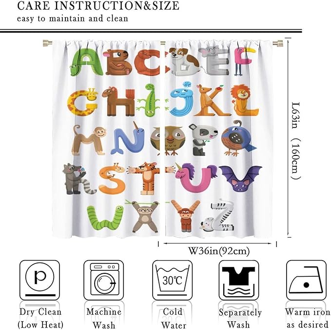Kids Alphabet Curtains Cartoon Animal Baby Children Funny Learning Educational Curtain with Rod Pocket for Bedroom Nursery Decor Drapes Window Treatments 2 Panels Set 72x63in