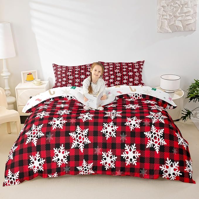Christmas Kids Bedding Set Snowflake Xmas Theme Bedding Duvet Cover Set for Boys Girls Red Black Buffalo Check Decor Comforter Cover Set New Year Bedspread Cover Bedroom Quilt Cover 3Pcs Queen Size