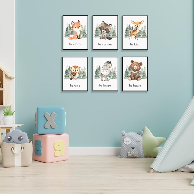gooptyinh Framed Woodland Nursery Animal Canvas Wall Art, 6 Piece Inspirational Forest Animals Print Posters, Motivational Quotes Cute Bear Fox Rabbit Deer Raccoon Owl Decor for Baby Bedroom 12x16in