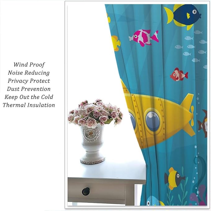 Boy Window Curtains Submarine Window Drapes Yacht Window Treatments Underwater World Oasis Thermal Drapes for Kids Girls Toddler Teens Room Dorm Decor Set 2 Panels,55x63 Inches, Style-1