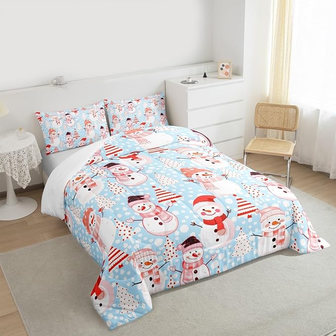 Manfei Christmas Comforter Set Full Size, Snowman and Xmas Trees Bedding Set 3pcs for Kids Girls Adults Bedroom Decor, New Year Blue Down Comforter Soft Polyester Quilt Set with 2 Pillowcases
