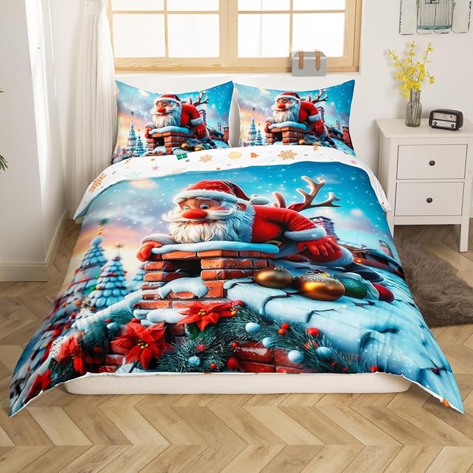 Cute Santa Claus Duvet Cover Set Queen Size,Winter Snow Cabin Rustic Farmhouse Bedding Set,Boys Girls Room Decor,Xmas Tree Merry Christmas Comforter Cover,White Quilt Cover,2 Pillowcases,No Comforter