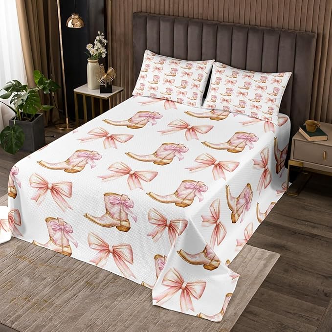 Western Cowgirl Bedspread Queen Size,Pink Bowknot Cowgirl Boots Rustic Farmhouse Coverlet Set,Girls Women Room Decor,Bow Tie Geometric Patchwork Quilted Coverlet,Golden Bedding Quilt,2 Pillowcases